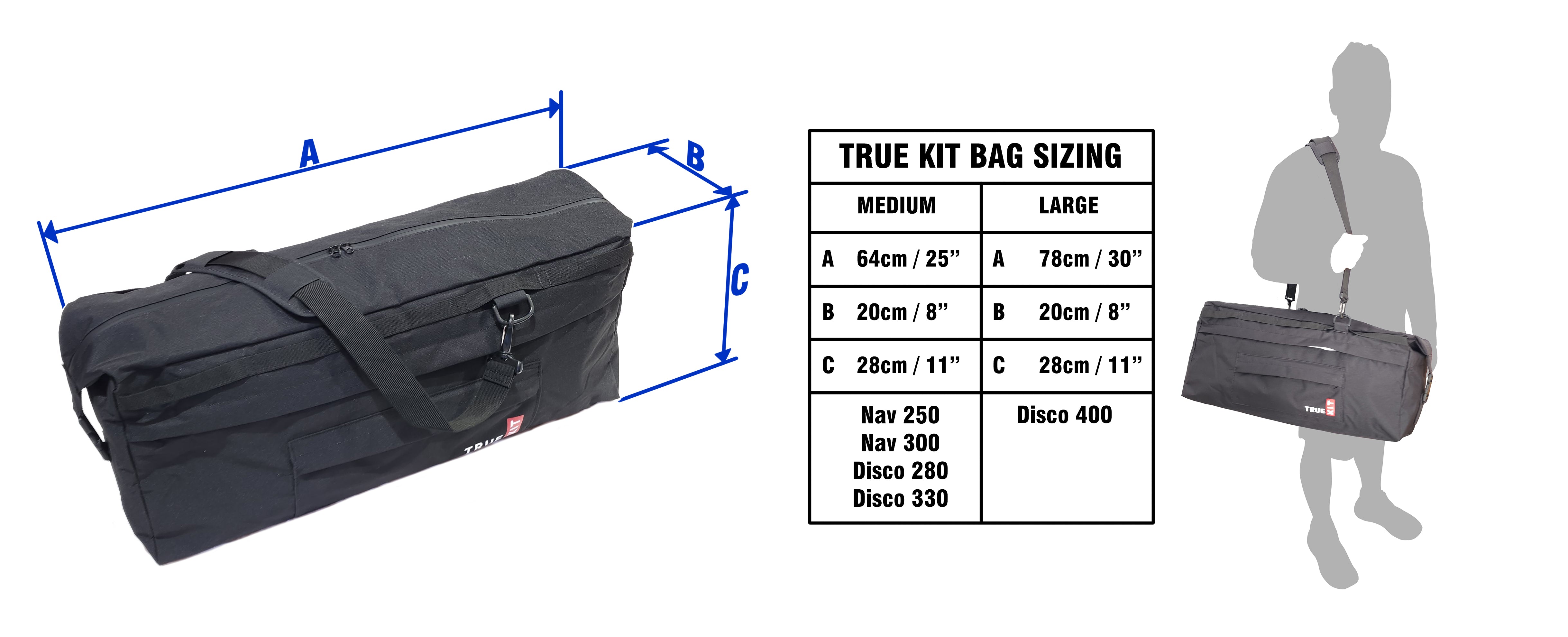 Sizing chart for True Kit Premium Seat Bag