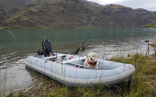 A dog riding on a white inflatable catamaran boat by the lake